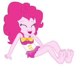 Size: 733x637 | Tagged: safe, artist:logan jones, pinkie pie, better together, equestria girls, forgotten friendship, barefoot, clothes, eyes closed, feet, female, happy, laughing, open mouth, simple background, soles, swimsuit, toes, white background