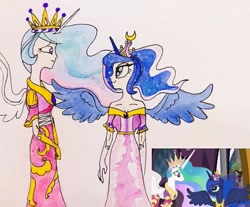 Size: 537x445 | Tagged: safe, artist:lunaart, screencap, princess celestia, princess luna, human, magical mystery cure, clothes, crown, dress, female, horn, horned humanization, humanized, jewelry, looking at each other, regalia, royal sisters, scene interpretation, siblings, sisters, winged humanization, wings