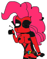 Size: 459x570 | Tagged: safe, artist:logan jones, pinkie pie, equestria girls, belt, blowing a kiss, breasts, clothes, cosplay, costume, deadpool, female, katana, leotard, one eye closed, pinkie pies, pinkiepool, sword, weapon, wink