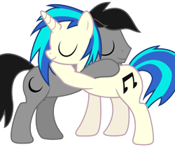 Size: 2251x1893 | Tagged: safe, artist:blue-vector, dj pon-3, vinyl scratch, oc, oc:howl, earth pony, pony, unicorn, commission, duo, female, hug, male, simple background, straight, transparent background