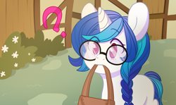 Size: 1084x648 | Tagged: safe, artist:lolopan, dj pon-3, vinyl scratch, pony, unicorn, adorkable, alternate hairstyle, bag, braid, colored pupils, confused, cute, dork, featured on derpibooru, female, filly, frown, glasses, mouth hold, nerd, question mark, solo, vinylbetes, younger