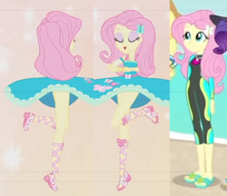 Size: 959x829 | Tagged: safe, edit, screencap, fluttershy, better together, equestria girls, forgotten friendship, so much more to me, beach, clothes, comparison, cropped, dancing, dress, feet, flip-flops, legs, pirouette, sandals, skirt, skirt lift, swimsuit, wetsuit