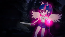 Size: 1920x1080 | Tagged: safe, artist:razethebeast, derpibooru import, sci-twi, twilight sparkle, equestria girls, legend of everfree, 3d, clothes, cute, glasses, ponied up, scitwilicorn, shorts, solo, source filmmaker, sword, twiabetes, weapon