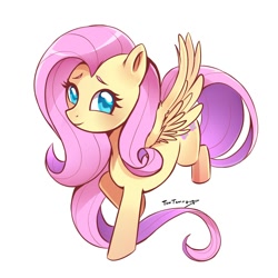 Size: 2000x2000 | Tagged: safe, artist:tentennz, fluttershy, pegasus, pony, cute, shyabetes, signature, simple background, smiling, solo, spread wings, white background, wings