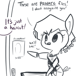 Size: 1080x1080 | Tagged: safe, artist:tjpones, oc, oc only, pony, robot, artificial intelligence, battery, comic, computer, dialogue, fingerprint scanner, grayscale, guard, monochrome, offscreen character, simple background, solo, suspicious, white background