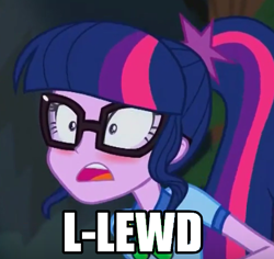 Size: 437x413 | Tagged: safe, derpibooru import, edit, edited screencap, screencap, sci-twi, twilight sparkle, equestria girls, legend of everfree, blushing, caption, exploitable meme, image macro, lewd, meme, solo, text