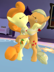 Size: 1080x1440 | Tagged: safe, artist:viranimation, applejack, carrot top, golden harvest, earth pony, pony, 3d, bipedal, carrotjack, eyes closed, female, kissing, lesbian, mare, missing accessory, shipping