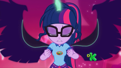 Size: 1279x719 | Tagged: safe, derpibooru import, screencap, midnight sparkle, sci-twi, twilight sparkle, equestria girls, legend of everfree, breasts, discovery kids, female, glasses, ponytail, solo, spread wings