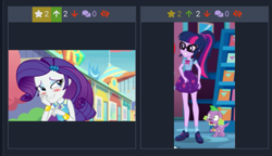 Size: 815x471 | Tagged: safe, edit, edited screencap, screencap, sci-twi, spike, spike the regular dog, twilight sparkle, dog, a fine line, better together, equestria girls, rollercoaster of friendship, blushing, derpibooru, female, geode of shielding, geode of telekinesis, glasses, juxtaposition, male, meta, shocked