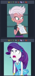 Size: 245x531 | Tagged: safe, rarity, better together, equestria girls, rollercoaster of friendship, clipboard, derpibooru, geode of shielding, juxtaposition, juxtaposition win, meme, meta, open mouth