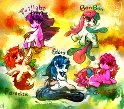 Size: 2000x1753 | Tagged: safe, artist:ouroporos, derpibooru import, bon bon, galaxy (g1), glory, paradise, sweetie drops, twilight sparkle, twinkle eyed pony, g1, g1 to g4, generation leap