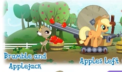 Size: 351x208 | Tagged: safe, idw, applejack, bramble, earth pony, pony, apple, duo, food, gameloft, idw showified, machine