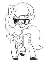 Size: 1280x1757 | Tagged: safe, artist:pabbley, callie briggs, clothes, lidded eyes, monochrome, open mouth, ponified, raised hoof, simple background, solo, suit, swat kats, white background