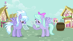 Size: 1280x720 | Tagged: safe, screencap, cloudchaser, flitter, fluttershy, pegasus, pony, hurricane fluttershy, background pony, barrel, hair bow, house, ponyville