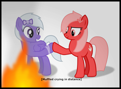 Size: 5142x3754 | Tagged: safe, artist:zylgchs, derpibooru exclusive, oc, oc only, oc:comment, oc:downvote, earth pony, pony, derpibooru, derpibooru ponified, descriptive noise, fire, hoofbump, meta, ponified, simple background, smiling, smoke, transparent background, vector