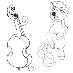 Size: 4896x4864 | Tagged: safe, artist:tiwake, derpibooru exclusive, octavia melody, earth pony, pony, absurd resolution, broken, broken string, cello, chest fluff, featureless crotch, floppy ears, musical instrument, simple background, sitting, sketch, underhoof, wince