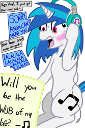 Size: 1000x1500 | Tagged: safe, artist:legendoflink, dj pon-3, vinyl scratch, pony, unicorn, blushing, cute, embarrassed, female, headphones, love note, mare, solo, speech, sweat, wide eyes, yelling