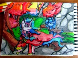 Size: 2560x1920 | Tagged: safe, artist:batrina7, princess celestia, princess luna, alicorn, pony, braid, clothes, duo, female, looking back, mare, notepad, pencil, raised hoof, siblings, sisters, traditional art