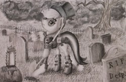 Size: 1024x668 | Tagged: safe, artist:turquoisethought, applejack, earth pony, pony, clothes, gravestone, hat, monochrome, nightmare night, shovel, solo, traditional art