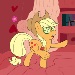 Size: 1200x1200 | Tagged: safe, artist:pavlovzdawg, applejack, earth pony, pony, look before you sleep, cucumber, food, frog (hoof), golden oaks library, heart, silly, silly pony, solo, underhoof, who's a silly pony