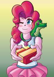 Size: 2482x3515 | Tagged: safe, artist:mandy1412, gummy, pinkie pie, better together, equestria girls, blushing, clothes, commissioner:imperfectxiii, female, geode of sugar bombs, heart shaped box, looking at you, present, tanktop