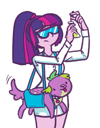 Size: 679x869 | Tagged: safe, artist:mcponyponypony, sci-twi, spike, spike the regular dog, twilight sparkle, dog, equestria girls, clothes, dropper, goggles, lab coat, purse, science, simple background, white background