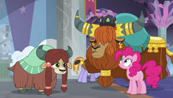 Size: 1280x720 | Tagged: safe, screencap, pinkie pie, prince rutherford, yona, earth pony, pony, yak, school daze, cloven hooves, crown, ear piercing, earring, female, horn ring, jewelry, male, mare, piercing, regalia, school of friendship