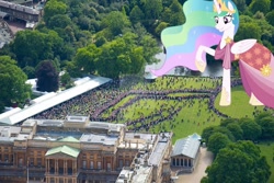 Size: 1024x682 | Tagged: safe, artist:cheezedoodle96, artist:princesslunayay, princess celestia, alicorn, human, pony, britain, buckingham palace, celestia is amused, clothes, cute, cutelestia, deviantart watermark, dress, england, female, gala dress, garden party, giant alicorn, giant ponies in real life, giant pony, giantess, giantlestia, grass, highrise ponies, irl, irl human, london, macro, mare, obtrusive watermark, photo, ponies in real life, tree, united kingdom, watermark