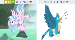 Size: 509x274 | Tagged: safe, edit, edited screencap, screencap, gallus, silverstream, classical hippogriff, griffon, hippogriff, what lies beneath, balancing, cropped, crowing, derpibooru, duo, gallus the rooster, griffons doing bird things, juxtaposition, meta, stunt