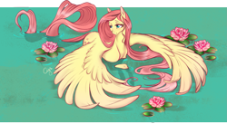 Size: 1759x965 | Tagged: safe, artist:cigarscigarettes, fluttershy, pegasus, pony, female, head turn, lidded eyes, long tail, looking away, mare, smiling, solo, spread wings, standing in water, stray strand, water, water lily, waterlily, wings