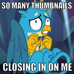 Size: 500x500 | Tagged: safe, edit, edited screencap, screencap, gallus, griffon, what lies beneath, cave, claustrophobia, cowering, cropped, derpibooru, gritted teeth, impact font, juxtaposition bait, male, meme, meta, nightmare cave, paw pads, paws, scared, solo, text, underpaw, wide eyes, wing covering