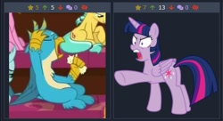 Size: 494x268 | Tagged: safe, gallus, twilight sparkle, twilight sparkle (alicorn), alicorn, what lies beneath, derpibooru, juxtaposition, juxtaposition win, meme, meta, screaming