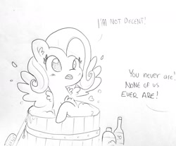 Size: 1686x1393 | Tagged: safe, artist:tjpones, fluttershy, pegasus, pony, bath, bathing, black and white, blushing, brush, chest fluff, dialogue, ear fluff, female, grayscale, lineart, mare, monochrome, offscreen character, shampoo, simple background, spread wings, traditional art, we don't normally wear clothes, wings