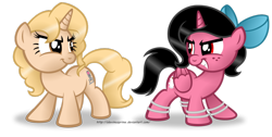 Size: 1024x516 | Tagged: safe, artist:aleximusprime, oc, oc only, oc:taralicious, alicorn, pony, unicorn, alicorn oc, bow, clash of the twilights, competition, female, kira buckland, mare, rina-chan, simple background, tara strong, transparent background, voice actor