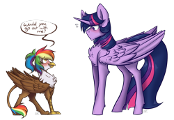 Size: 1280x880 | Tagged: safe, artist:suenden-hund, derpibooru import, twilight sparkle, twilight sparkle (alicorn), oc, oc:rainbow feather, alicorn, griffon, pony, blushing, cute, date, interspecies offspring, magical lesbian spawn, offspring, parent:gilda, parent:rainbow dash, parents:gildash, rainbow hair, shipping, simple background, transparent background