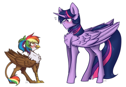 Size: 1280x880 | Tagged: safe, artist:suenden-hund, derpibooru import, twilight sparkle, twilight sparkle (alicorn), oc, oc:rainbow feather, alicorn, griffon, pony, blushing, cute, interspecies offspring, magical lesbian spawn, offspring, parent:gilda, parent:rainbow dash, parents:gildash, rainbow hair, simple background, transparent background