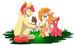 Size: 4693x2821 | Tagged: safe, artist:chub-wub, applejack, big macintosh, bright mac, pear butter, winona, dog, earth pony, pony, beard, brightbutter, colt, colt big macintosh, cute, facial hair, female, filly, filly applejack, hoof hold, male, pregnant, puppy, shipping, sideburns, simple background, smiling, stallion, straight, transparent background, younger