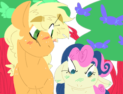 Size: 645x494 | Tagged: safe, artist:goatpaste, applejack, bon bon, sweetie drops, earth pony, pony, applebon, blushing, crack shipping, female, floppy ears, lesbian, shipping, simple background, transparent background, tree