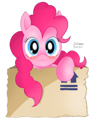 Size: 1840x2418 | Tagged: safe, artist:branewashpv, pinkie pie, earth pony, pony, :3, blushing, cute, diapinkes, female, looking at you, mare, package, raised hoof, simple background, smiling, solo, transparent background