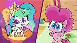 Size: 1920x1080 | Tagged: safe, screencap, pinkie pie, princess celestia, alicorn, earth pony, pony, my little pony: pony life, pinkie pie: hyper-helper, spoiler:pony life s01e06, bipedal, cellphone, phone, smartphone