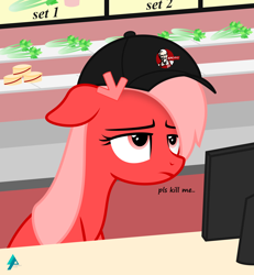 Size: 1800x1947 | Tagged: safe, artist:arifproject, oc, oc only, oc:downvote, cap, celery, counter, derpibooru, derpibooru ponified, frown, hat, kfc, kill me, meta, ponified, solo, unamused, vector, working