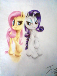 Size: 2736x3648 | Tagged: safe, artist:thatdreamerarts, fluttershy, rarity, pegasus, pony, unicorn, colored, looking at each other, pencil drawing, raised hoof, traditional art