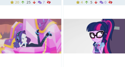 Size: 571x306 | Tagged: safe, edit, edited screencap, screencap, rarity, sci-twi, twilight sparkle, better together, equestria girls, the other side, blushing, derpibooru, female, geode of telekinesis, juxtaposition, lesbian, meta, prone, rarilight, sci-rarilight, shipping, smiling, smirk