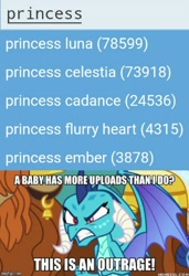 Size: 498x726 | Tagged: safe, edit, edited screencap, editor:apex soundwave, screencap, princess ember, dragon, school daze, derpibooru, envy, female, image macro, implied flurry heart, implied princess cadance, implied princess celestia, implied princess luna, jealously, meta, screenshots, text, watermark