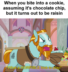 Size: 908x968 | Tagged: safe, edit, edited screencap, screencap, rockhoof, a rockhoof and a hard place, angry, apple, cookie, cropped, food, meme, meta, rockhoof's shovel, solo, trick