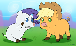 Size: 1000x600 | Tagged: safe, artist:empyu, applejack, rarity, pig, :t, applepig, confused, cowboy hat, duo, eye contact, female, frown, grass, gritted teeth, hat, lidded eyes, looking at each other, no pupils, pigified, raised eyebrow, raripig, sitting, species swap, stetson, worried