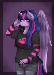 Size: 536x737 | Tagged: safe, artist:rainbowhitter, derpibooru import, twilight sparkle, twilight sparkle (alicorn), alicorn, anthro, clothes, ear piercing, earring, emo, jewelry, piercing, shirt, solo, t-shirt