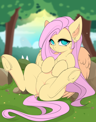 Size: 2586x3300 | Tagged: safe, artist:xsatanielx, fluttershy, pegasus, pony, rabbit, dock, female, grass, looking at you, mare, no pupils, on back, rcf community, solo, spread legs, spreading, wings