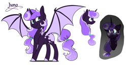 Size: 1600x843 | Tagged: safe, artist:torusthescribe, oc, oc only, oc:juno, alicorn, bat pony, bat pony alicorn, pony, alicorn oc, simple background, solo, white background