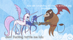 Size: 810x454 | Tagged: safe, princess celestia, princess luna, scorpan, alicorn, gargoyle, pony, twilight's kingdom, comic sans, implied trollestia, meme, ponified meme, sassy george washington, storybook, vulgar